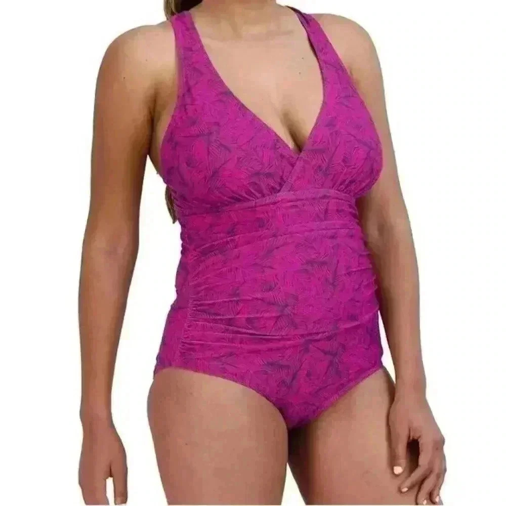 Eddie Bauer Pink Ruched Shaping One Piece Swim L UPF 50 Crisscross Quick Dry NWT